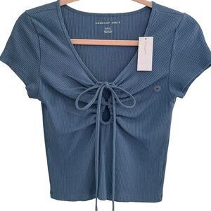 American Eagle Outfitters Blue Ribbed Tie-Front Top